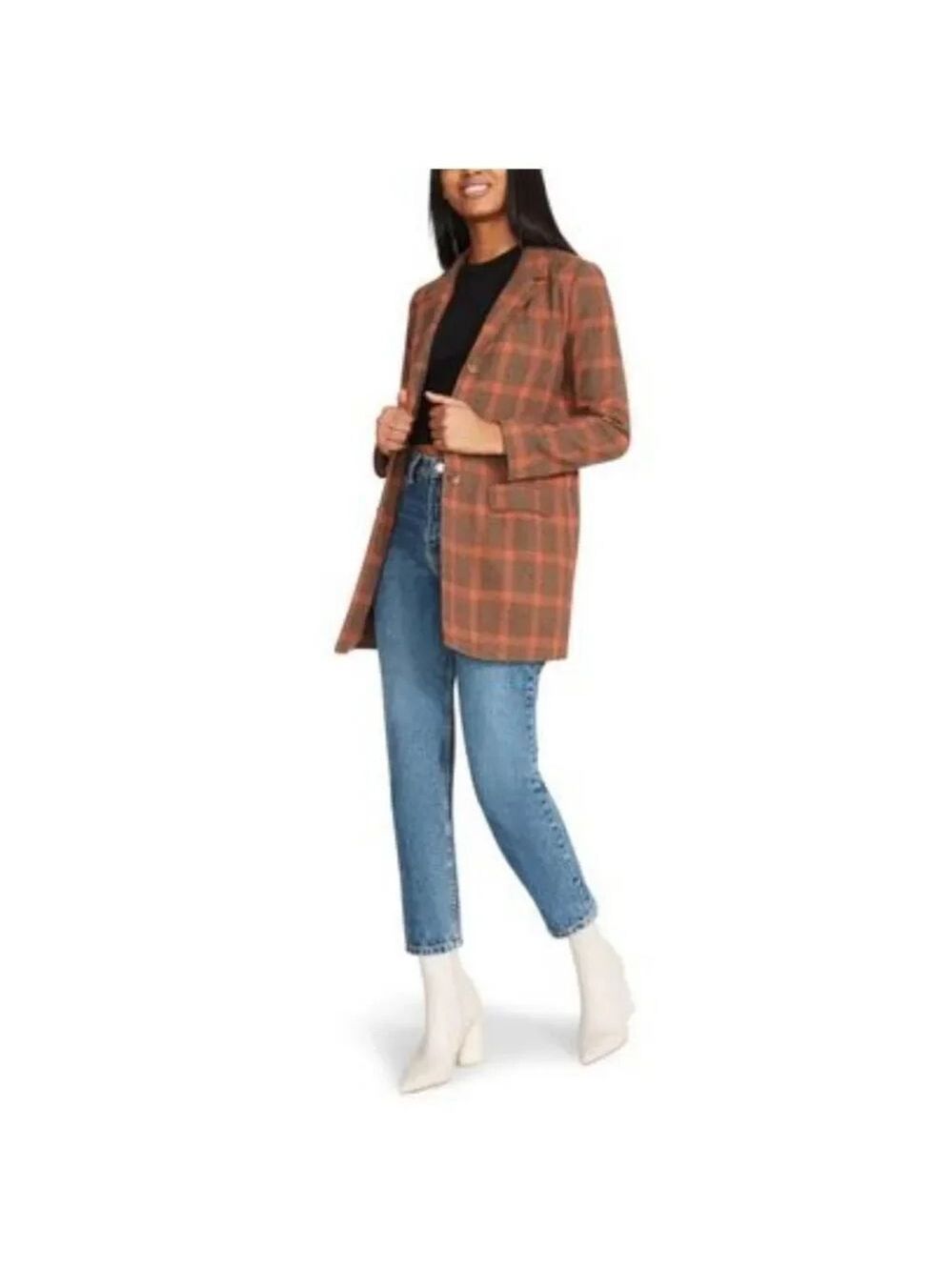 BB Dakota by Steve Madden Academia Plaid Longline Blazer in Brown Plaid Sz XS